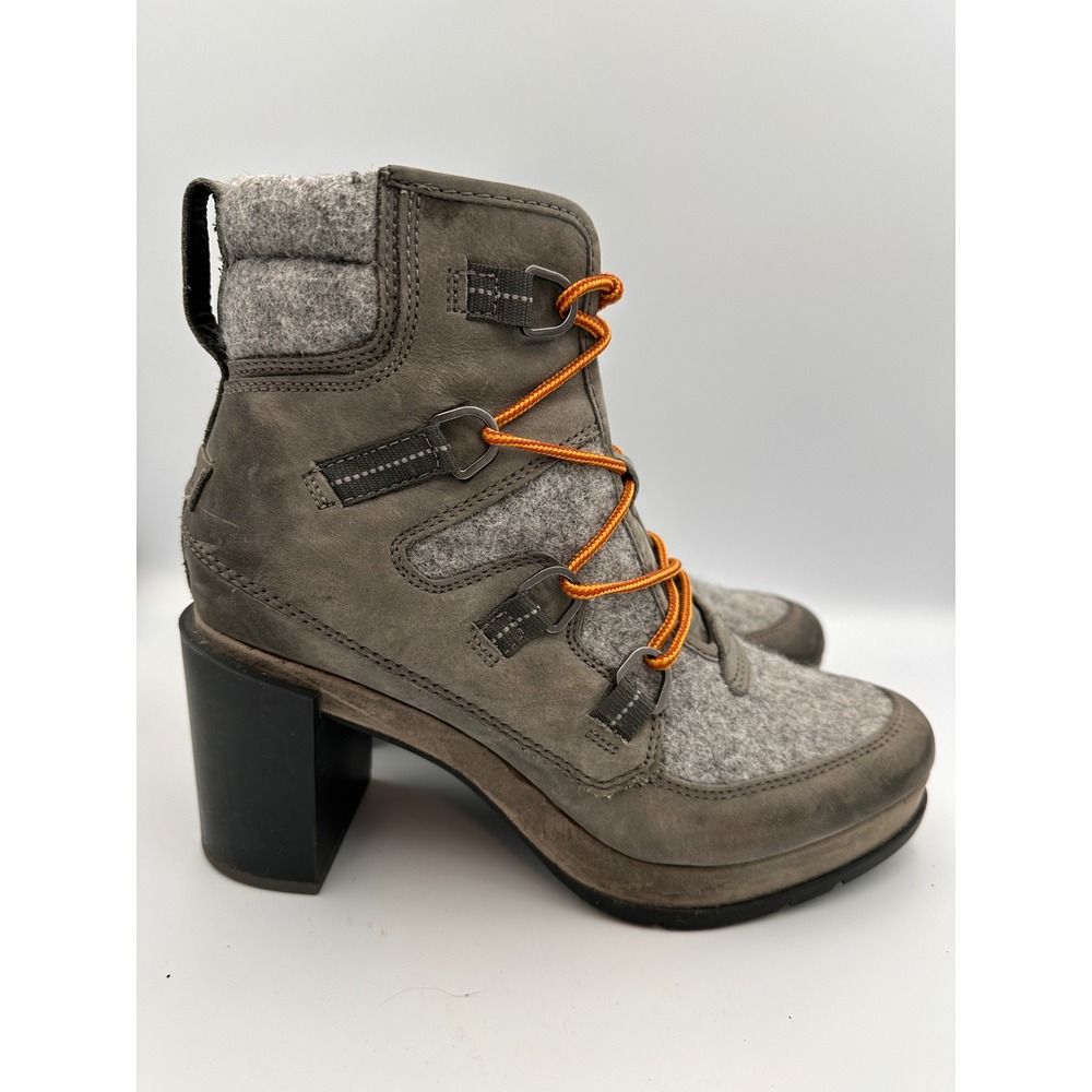 Sorel Blake Lace Up Waterproof Heeled Bootie Sz 9 Quarry Gray Leather Felt Boots